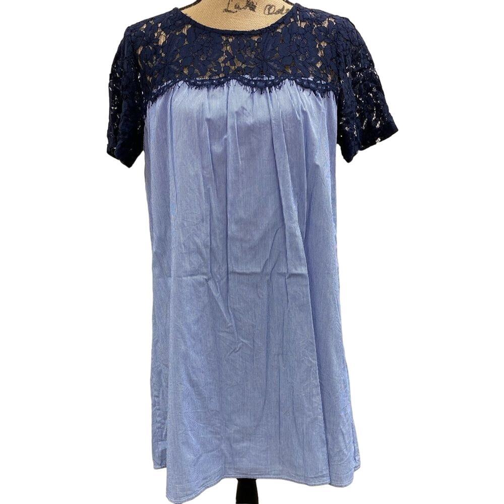 Luxology blue lace and pinstripe shift‎ mini dress